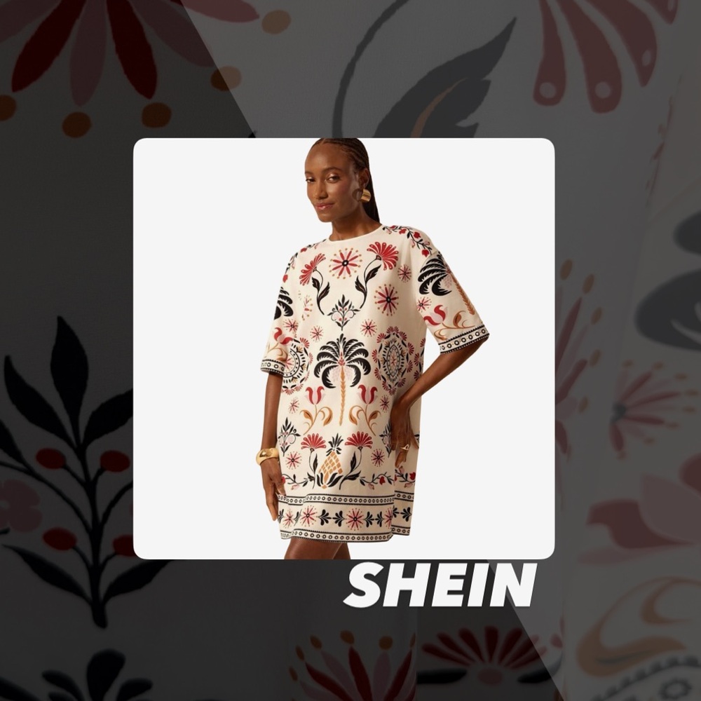 EUC SHEIN Boho Tropical Floral Retro Print Loose Fit Dress